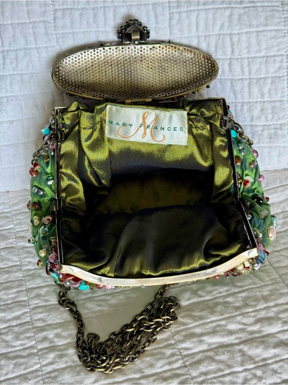 Vintage Mary Frances Beaded Green Embellished Evening Clutch with Chain